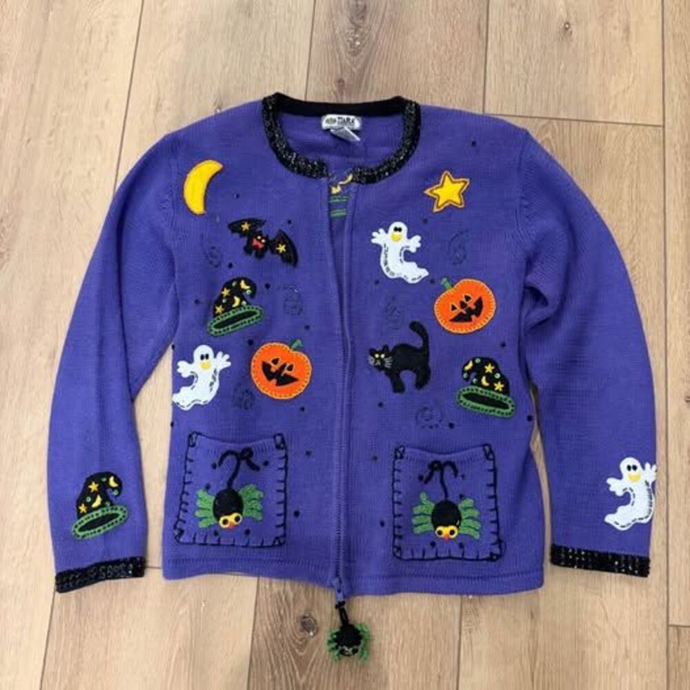 Vintage 1990s Tiara Purple Witch Pumpkin Halloween Cardigan Teacher Sweater